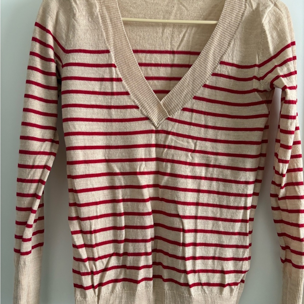 Striped V-Neck Sweater - Beige and Red